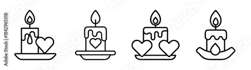 Line art icons of candles with hearts for romance and celebration Vector