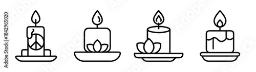Minimalist line art icons of burning candles with peace and lotus symbols Vector