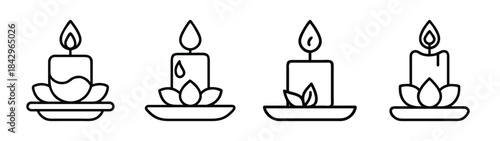 Outline icons set featuring four different burning candles on stylized lotus flower holders Vector
