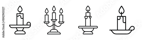 Set of line icons featuring various types of candles and candelabras for light and decoration Vector