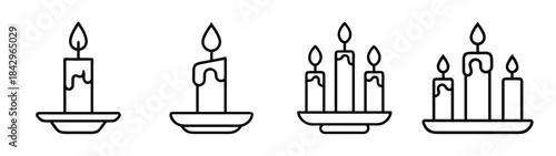 A set of candle line art icons featuring single and multiple burning candles Vector