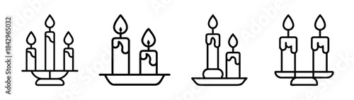 Candle icon set on holders with a minimalist black and white line art style Vector