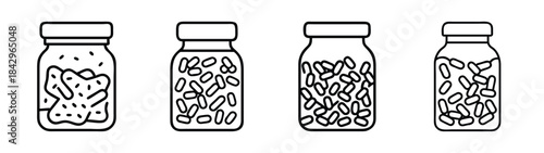 Line art illustration of various food items stored in glass jars on a white background Vector