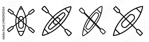 A collection of minimalist line icons depicting kayaks and paddles for water sports Vector