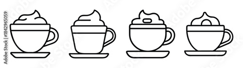 A collection of four line art icons featuring coffee cups topped with whipped cream Vector