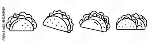 A collection of four black and white line art illustrations of tacos for various uses Vector