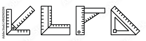 A collection of linear icons depicting various types of measuring squares and rulers used for construction and drafting. Vector