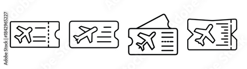 A collection of line art icons depicting airline tickets for travel and booking applications Vector
