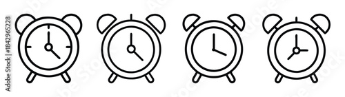 Four different simple line art icons of alarm clocks representing various times and time management concepts Vector
