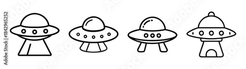 Set of four minimalist line art icons depicting different flying saucers Vector