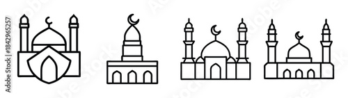 Four simple black and white line art icons of mosques with domes and minarets Vector