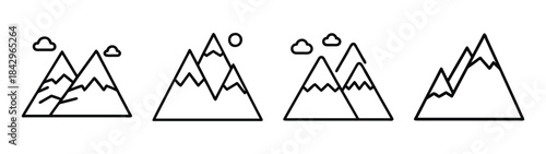 Simple line art illustration of four different minimalist mountain icons for web and print design Vector