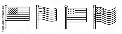 Set of four outline icons representing the united states flag on a flagpole in different positions Vector