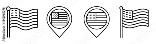 Set of line art icons featuring waving united states flags and location map pins Vector