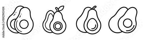 A set of four simple outline icons showing whole and half avocados, illustrating healthy food concepts Vector