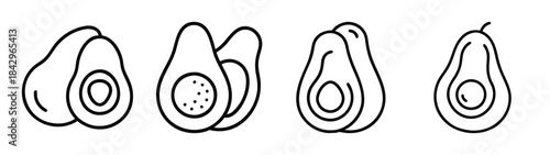 A set of minimalist avocado outline icons featuring whole fruit and cut halves Vector