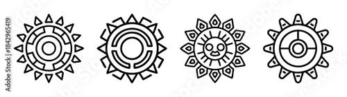 Four black and white line art icons depicting aztec or mayan sun symbols with various designs Vector