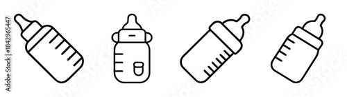 A collection of four black and white line icons representing baby feeding bottles Vector
