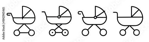 Four black and white minimalist line icons representing baby strollers and carriages in a collection Vector