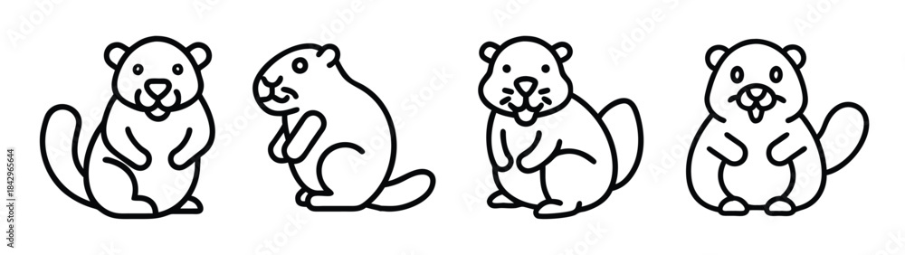 Fototapeta premium A collection of four cute line art beaver icons showing different poses Vector