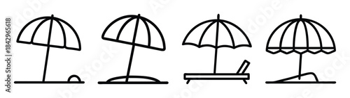 Four different black and white line icons of beach umbrellas for summer vacation Vector