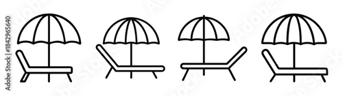 Four black line icons of a beach chair and umbrella set for summer vacation Vector