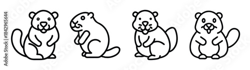 A collection of four cute line art beaver icons showing different poses Vector