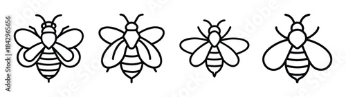 A set of four minimalist bee line art icons on a white background Vector