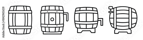 A set of line art icons depicting different types of vintage wooden barrels for drinks Vector