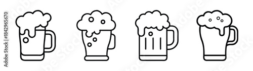 Four different styles of beer mugs filled with foamy beer represented as simple line icons Vector