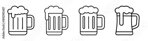 A collection of beer mug line art icons featuring various styles and foamy heads Vector