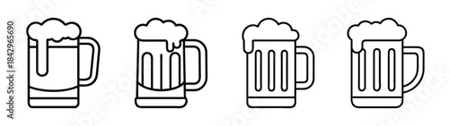A set of four line art icons illustrating classic beer mugs filled with foamy beer Vector