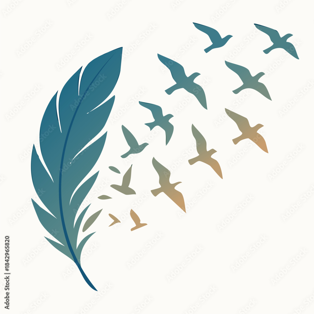 Obraz premium A striking, conceptual vector illustration featuring a feather dissolving into a dynamic flock of birds flying upwards against a light, neutral background. The feather is rendered in blue and turquois