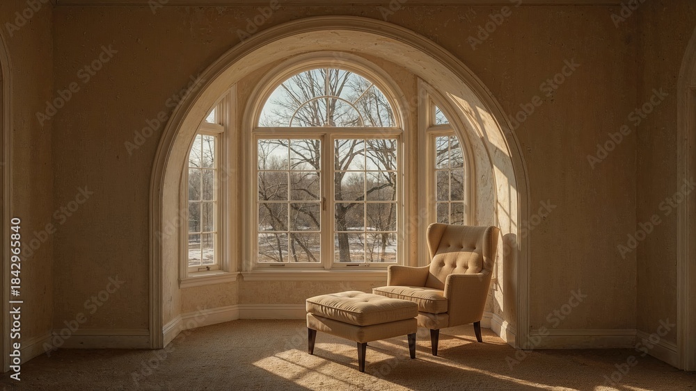 Fototapeta premium A cozy armchair with an ottoman positioned near an arched window overlooking trees and a clear sky inside a warmly lit room.