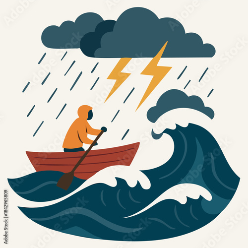 A dramatic illustration depicting a small boat being tossed on huge waves under a dark, stormy sky with lightning. This image is a strong visual metaphor for crisis, risk management, challenge