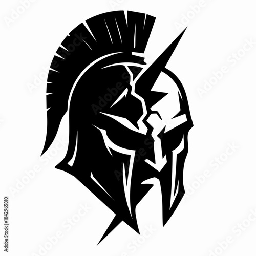 A powerful, profile illustration of a Spartan helmet, a classic symbol of ancient Greece and lightning bolt, military discipline, courage, strength, defense, and leadership.