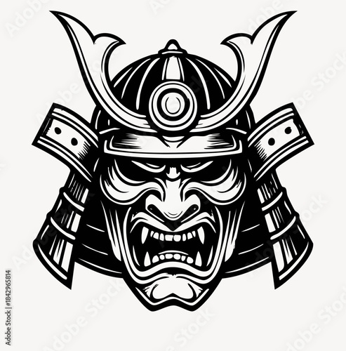 A bold, detailed illustration of a Japanese Samurai helmet (Kabuto). The design emphasizes the fierce, traditional style and protective function, representing themes of strength, honor