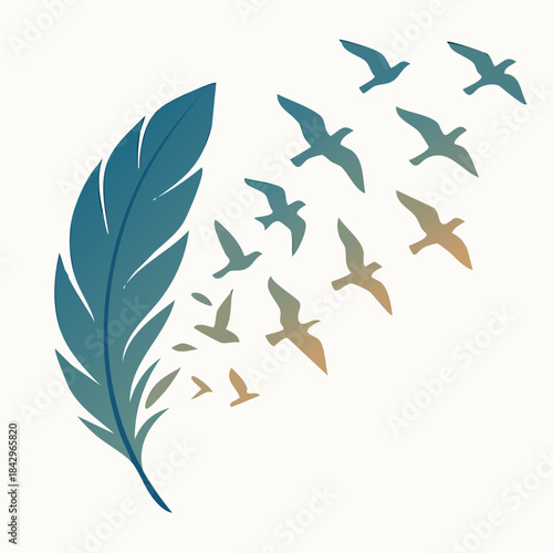 A striking, conceptual vector illustration featuring a feather dissolving into a dynamic flock of birds flying upwards against a light, neutral background. The feather is rendered in blue and turquois