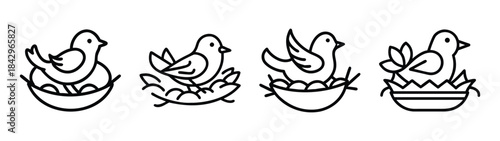 Set of minimalist bird and nest icons representing spring and new life in nature Vector
