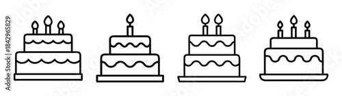 Collection of simple line art icons representing birthday cakes with candles Vector