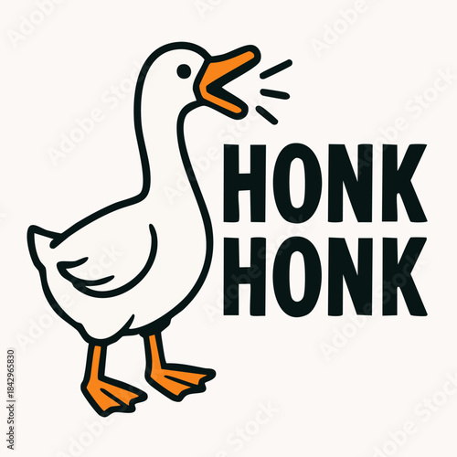 A humorous and bold cartoon illustration of a white goose, with the onomatopoeic text "HONK HONK" in large letters. The goose is depicted in a playful, slightly aggressive stance