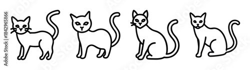 A set of four simple line art illustrations of domestic cats in various poses Vector