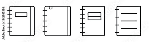 A set of line art icons depicting various notebook and journal designs for digital interfaces Vector