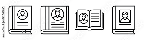 Line art icons of address books and user profile data in various book formats Vector