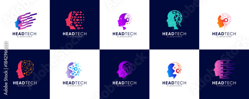 A collection of human face silhouette logos with concepts of modern technology, digital innovation, educational science, and graphic design templates.