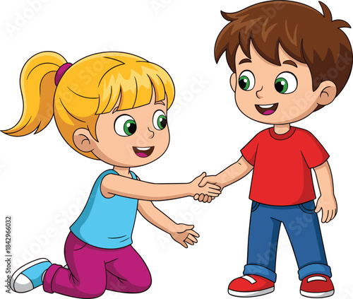 Cartoon children shaking hands, friendly interaction, social behavior, kindness gesture, smiling kids, cooperation theme, school setting, flat vector illustration
