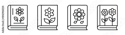 Four distinct icons of books with floral designs on their covers, representing nature or gardening literature Vector