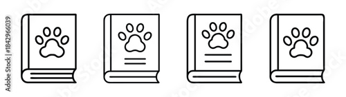 Set of four outline icons featuring books with a pet paw print design Vector