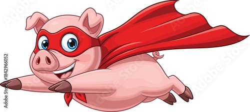 Superhero pig flying in sky, cartoon animal character, red cape mask, cheerful expression, cute vector, kids theme, flat vector illustration
