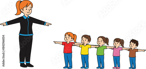 Children group activity, teamwork, physical education, classroom exercise, coordination, teacher leading kids, fun learning, school training, flat vector illustration
